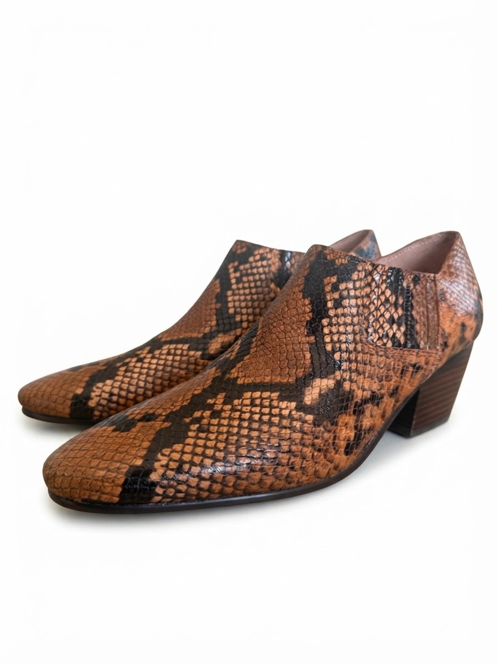 J.Crew Piper Snakeskin Leather Ankle Boots Brown Block Heel Booties Women’s Size